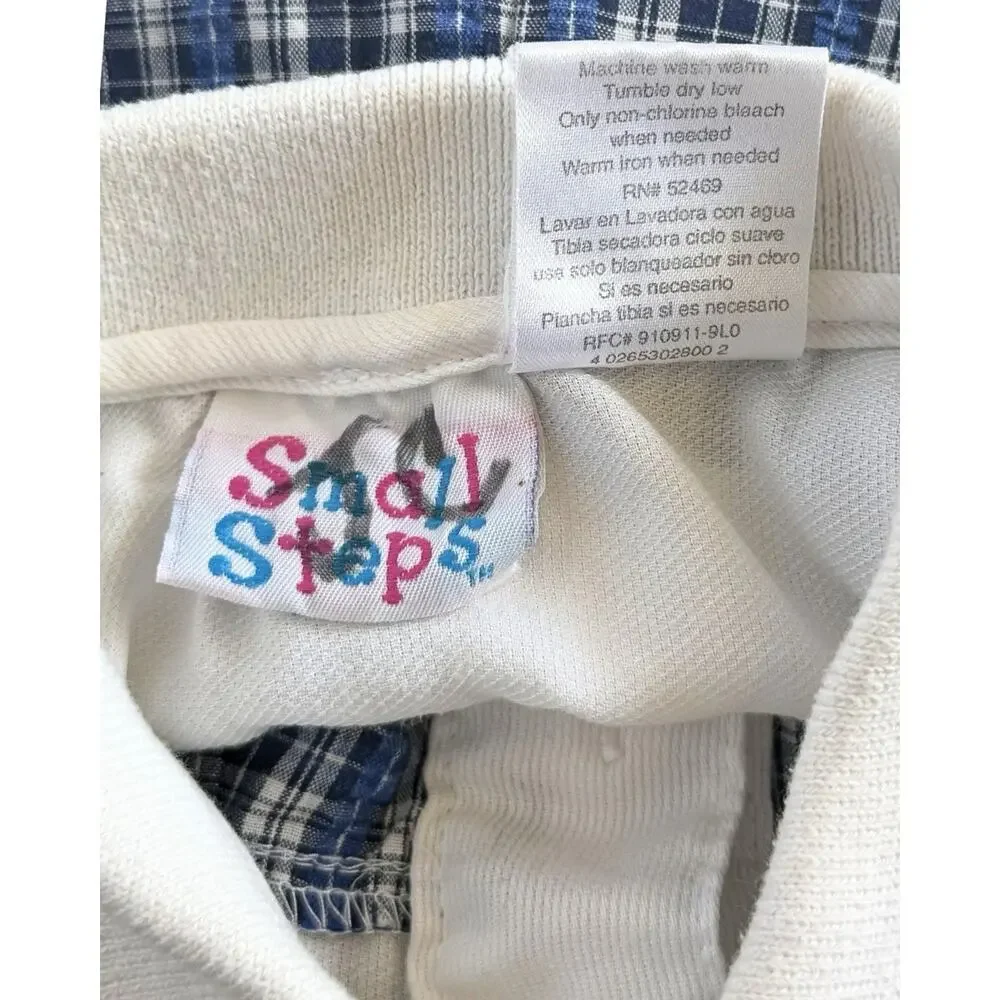 VTG Small Steps Baby Boy Nautical Romper 24M Blue Plaid Button Bubble Shortall